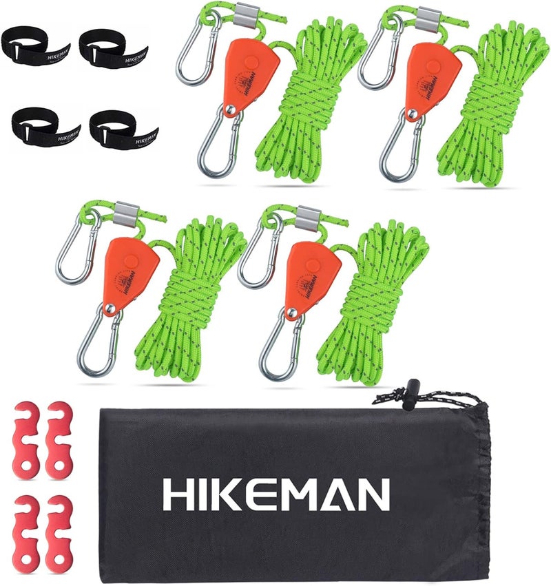 HIKEMAN Camping Rope with Ratchet Pulley,Quick Setup Outdoor Guy Lines Adjustable Tent Tie Downs Rope Hanger for Canopy,Kayak and Canoe,Grow Light (4PCS,Fluorescent Green) - Image 1